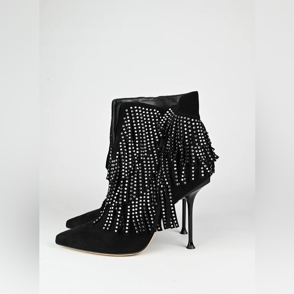 Sergio Rossi Black Ankle Boots with Silver Fringe - Picture 2 of 16